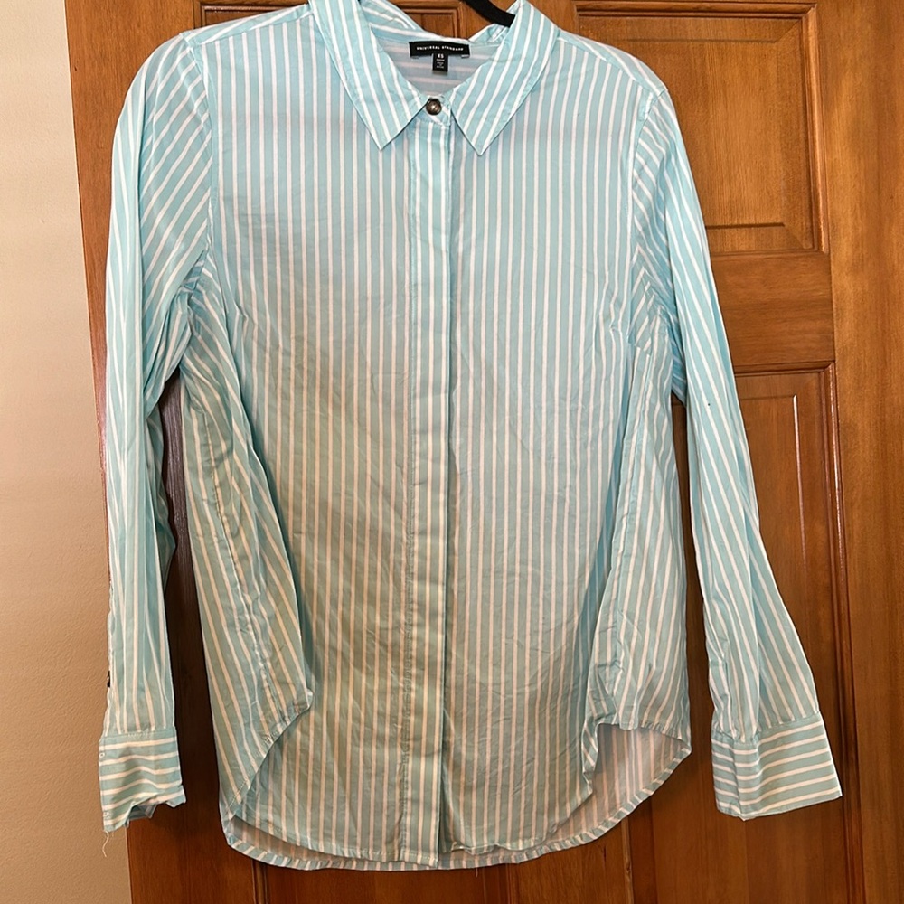 Universal Standard Blue and White Button Down Shirt with Long Sleeves